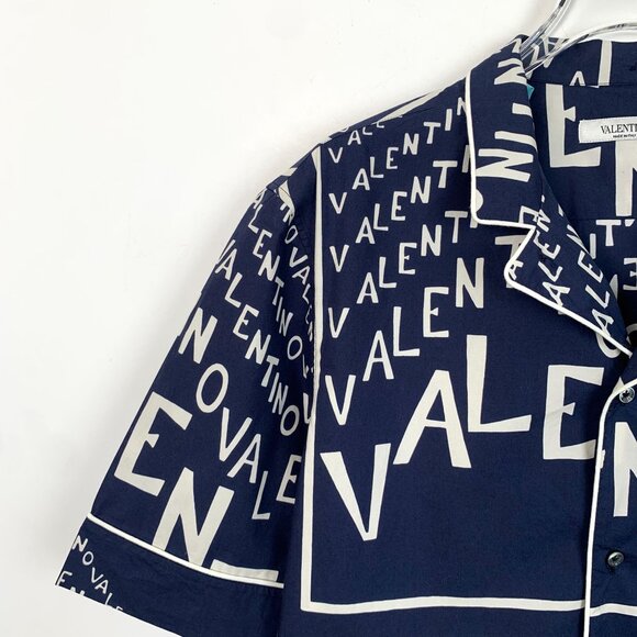 Valentino Navy & White Logo Print Cotton Shirt Size 15.5 - Picture 3 of 8